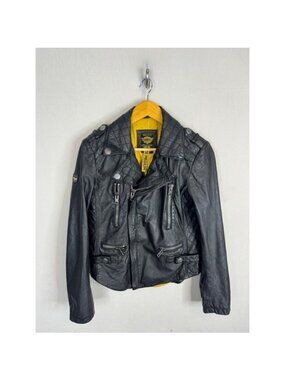 Superdry Biker Denim Black Leather Moto Jacket Quilted Yellow Lining M / S